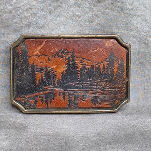 Belt Buckle Vintage Solid Brass Leather‎ Mountain Lake Scenic BTS Made in USA